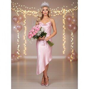 Vtg Y2K Bebe Sz S Asymmetrical Cowl Neck Dress Satin Baby Powder Pink Pastel